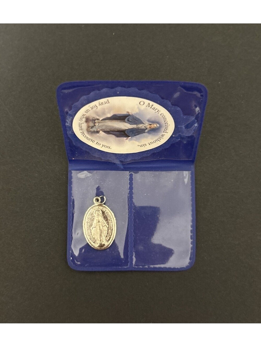 Vintage Pocket Catholic Miraculous Virgin Mary Medal & Vinyl Folder